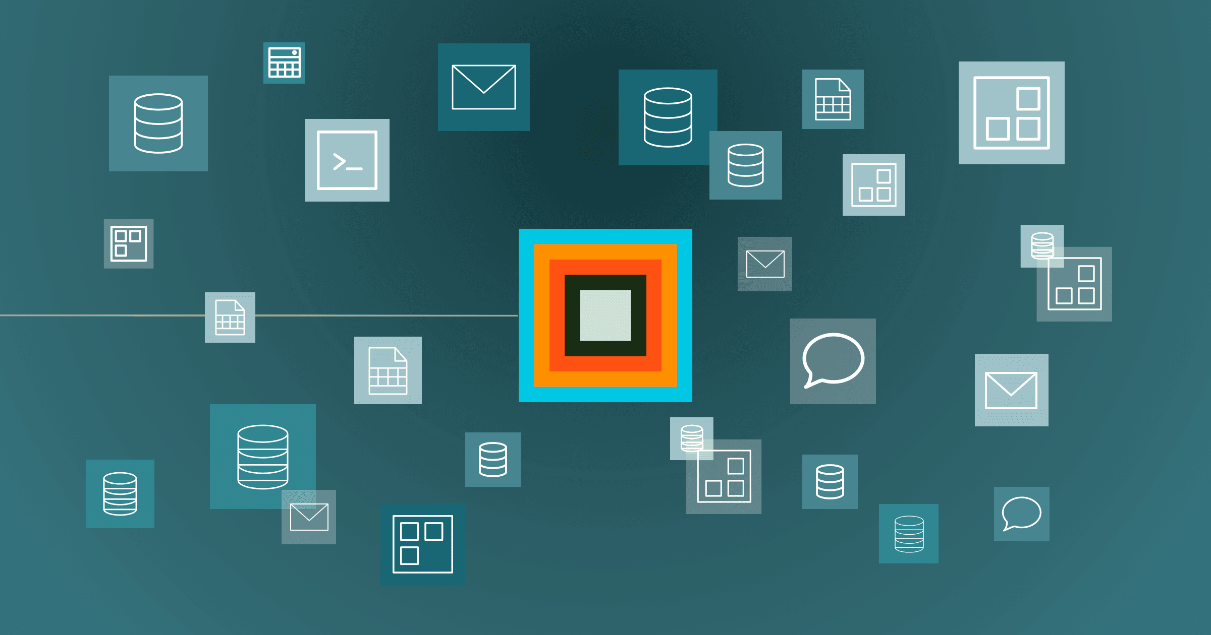 Disorganized, monochromatic icons float behind a clear layered Quickbase square, representing clarity vs Gray Work