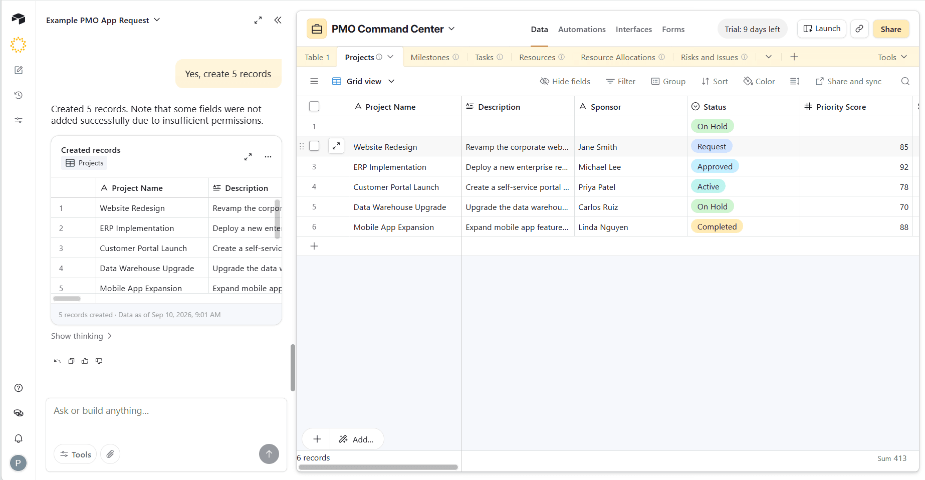 Screenshot of a PMO command center app showing project records, statuses, sponsors, and priority scores in Airtable.
