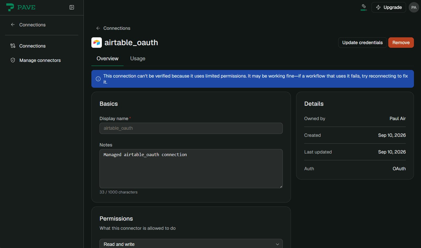 Screenshot of Pave's Airtable OAuth connection settings, showing permissions, credentials, and connection details.