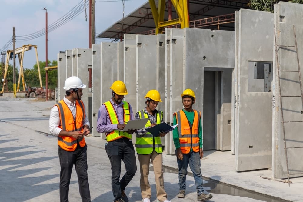 A team of civil engineers with safety suits checks the cement at a construction site.