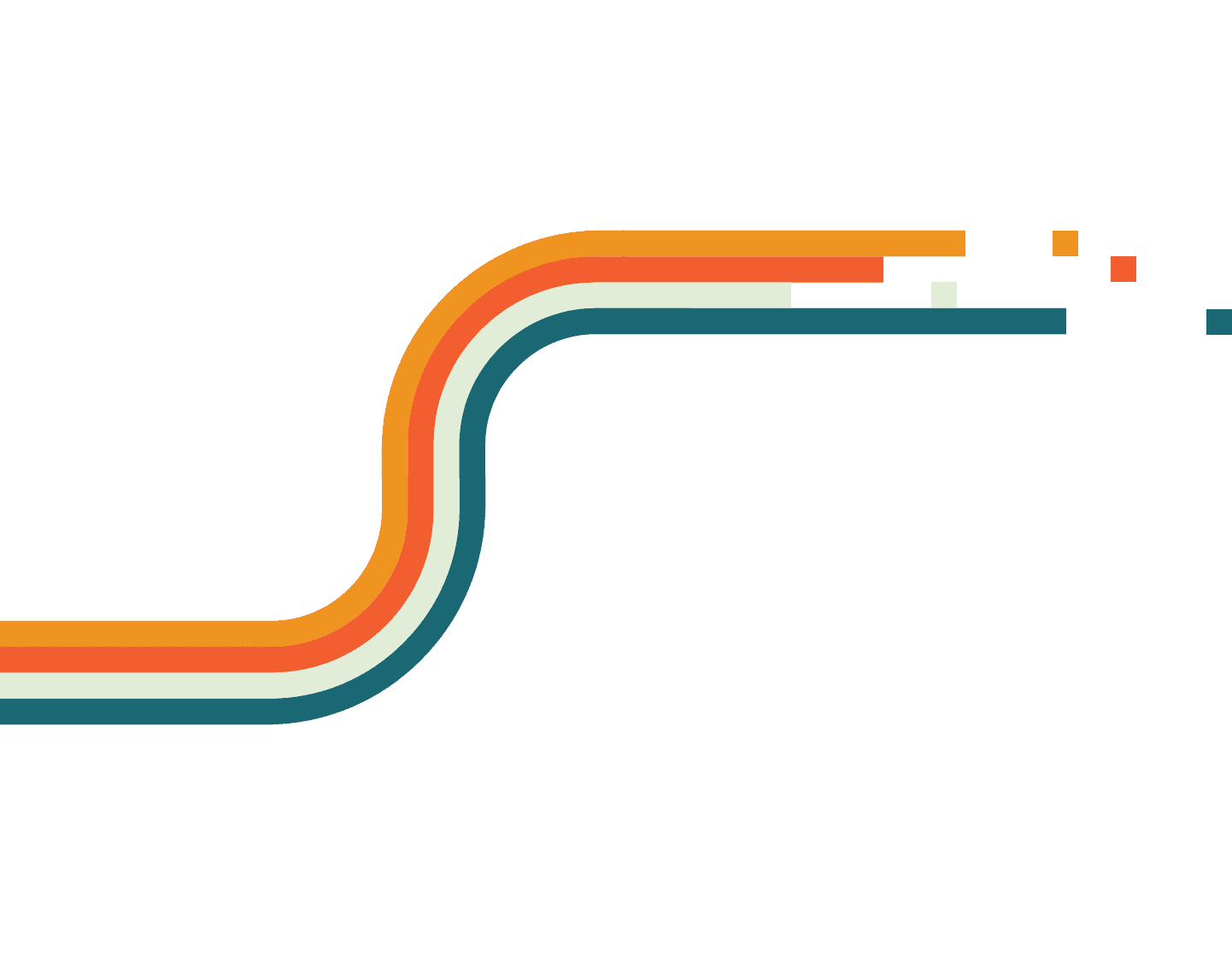 A graphic of several multicolored lines twisting and breaking off into square dots