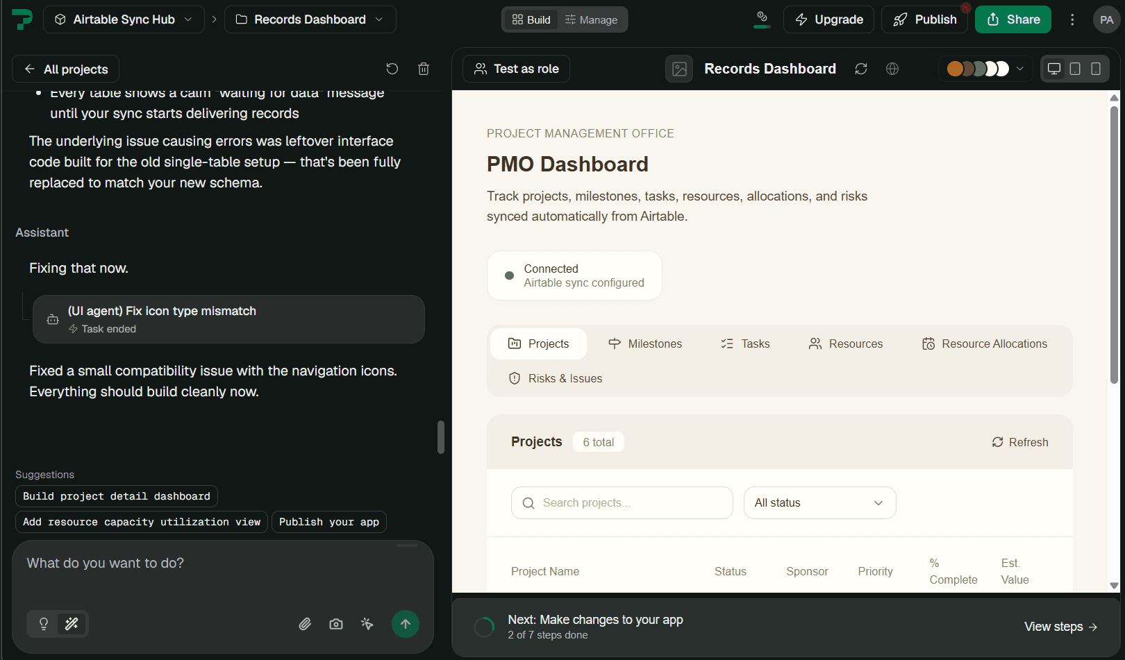 Pave PMO Dashboard showing projects, milestones, tasks, and resources synced from Airtable, with an AI chat panel at left.
