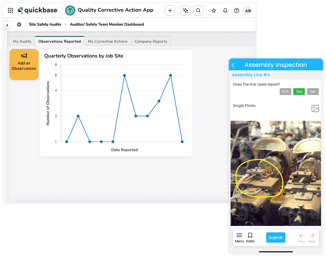 Quickbase safety audit and FastField assembly inspection layered product screenshots