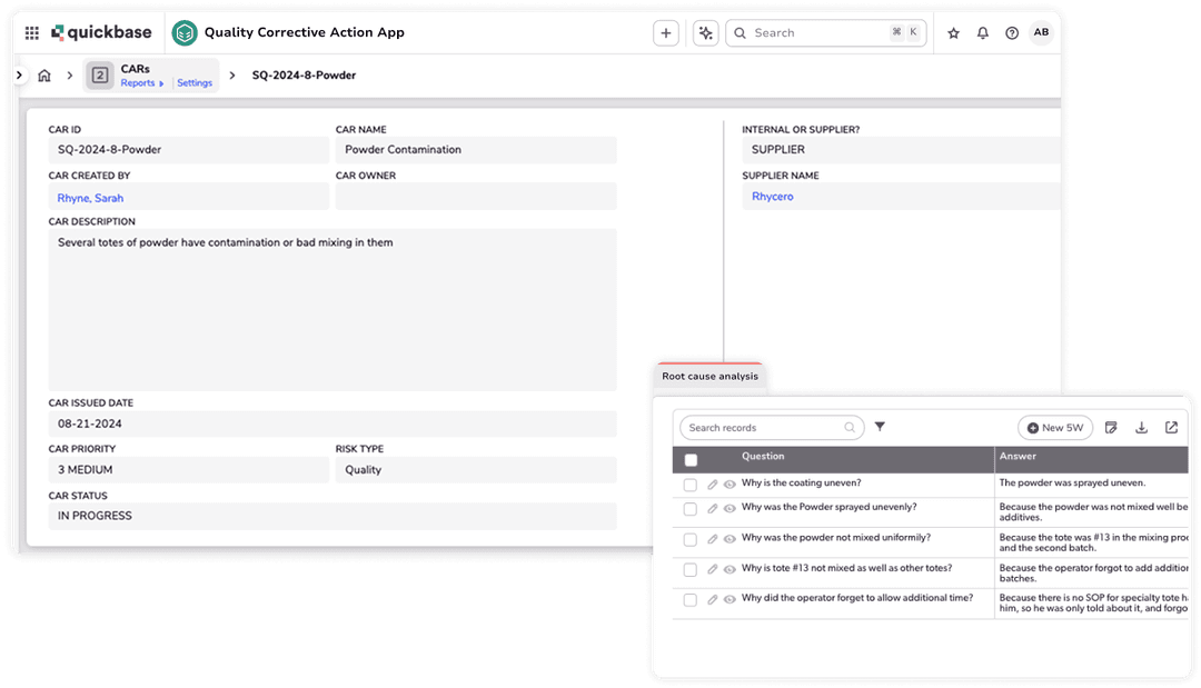 Quality corrective actions CARs reports and root cause analysis layered product screenshots