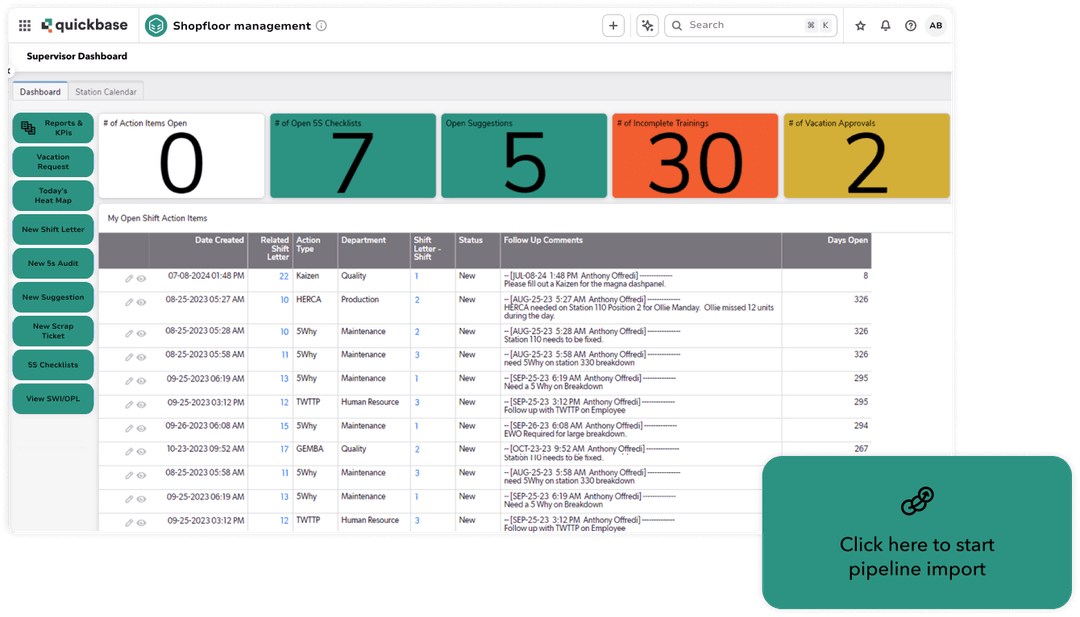Product screenshots layered shopfloor management dashboard desktop and import pipeline button