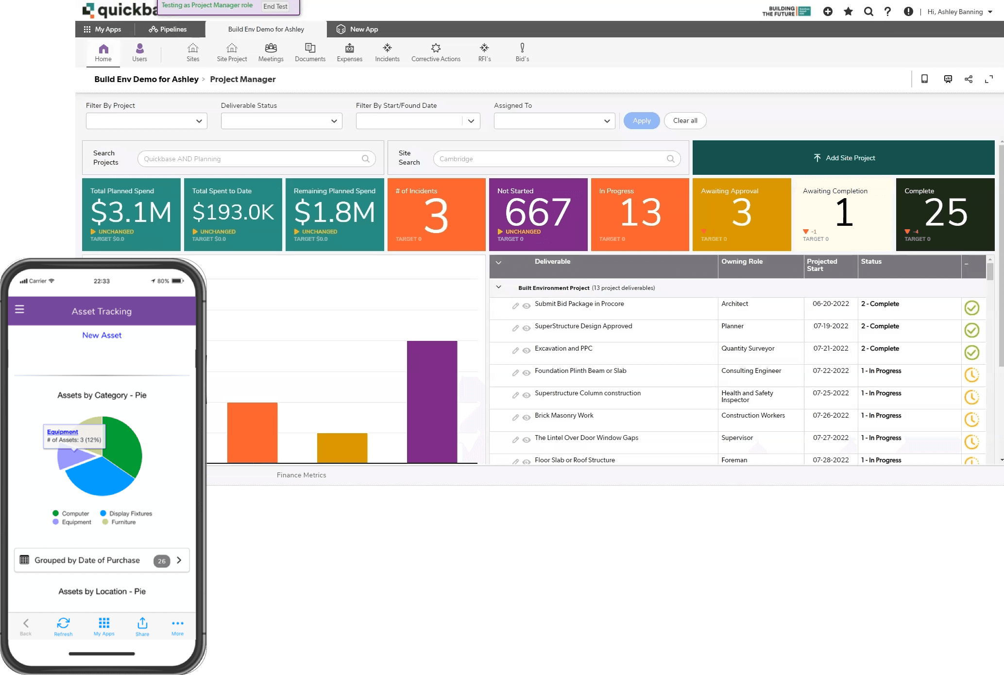A mobile and desktop screenshot of a construction app in Quickbase