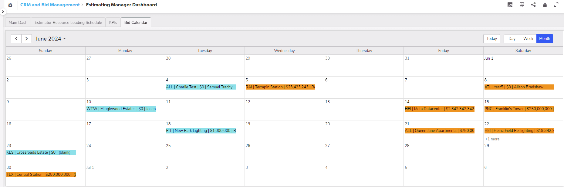 Screenshot of a Quickbase CRM Bid Management - Calendar