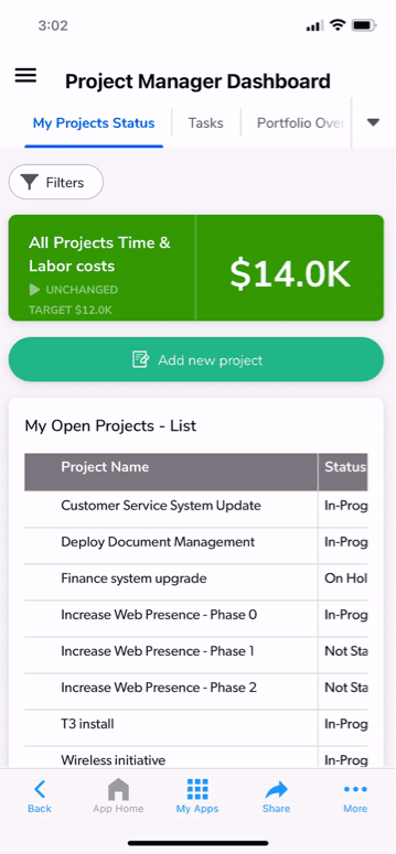 A screenshot of Quickbase's mobile dashboards