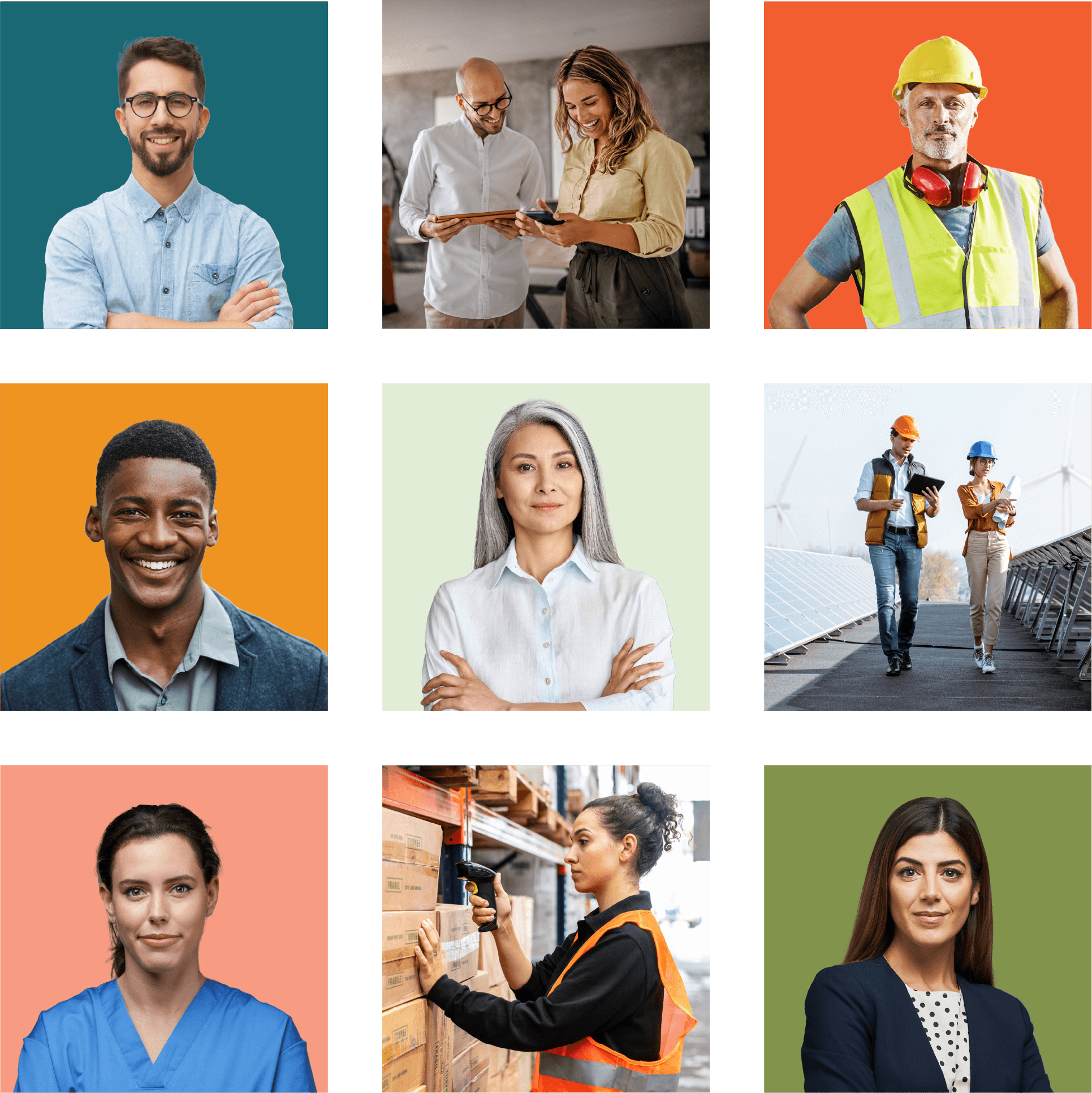 A variety of people collaged together over a background of differently colored squares