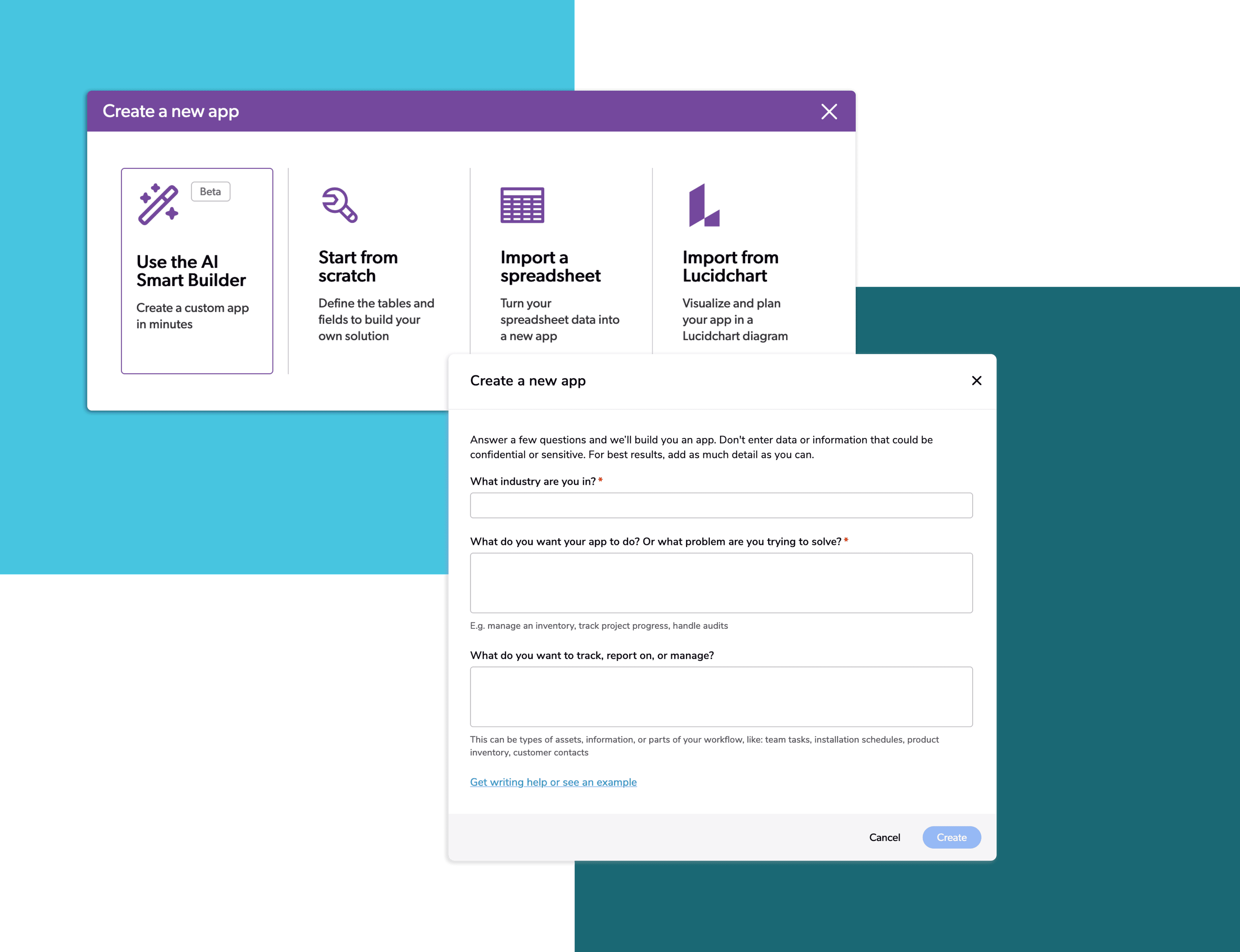 Screenshots of Quickbase's Smart Builder