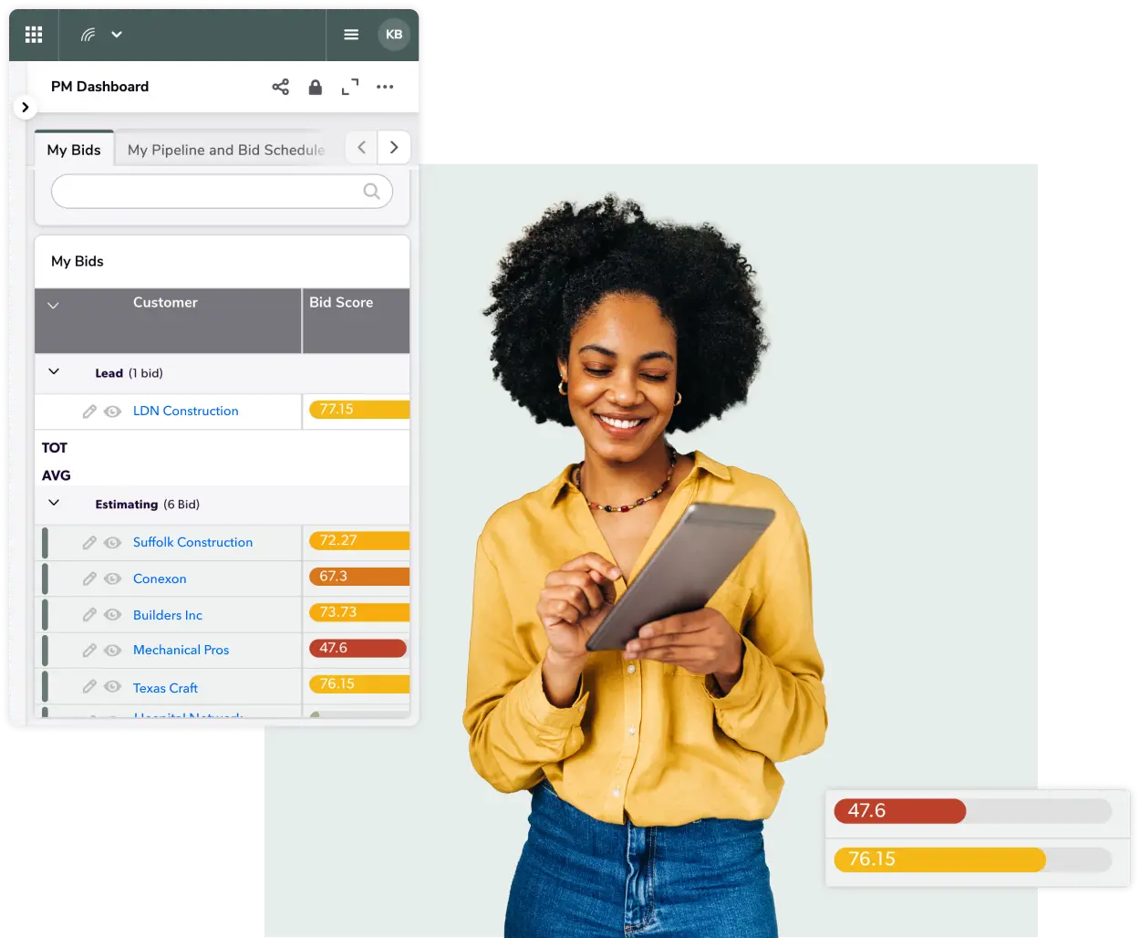 A woman looking at a tablet with Quickbase construction dashboard reports