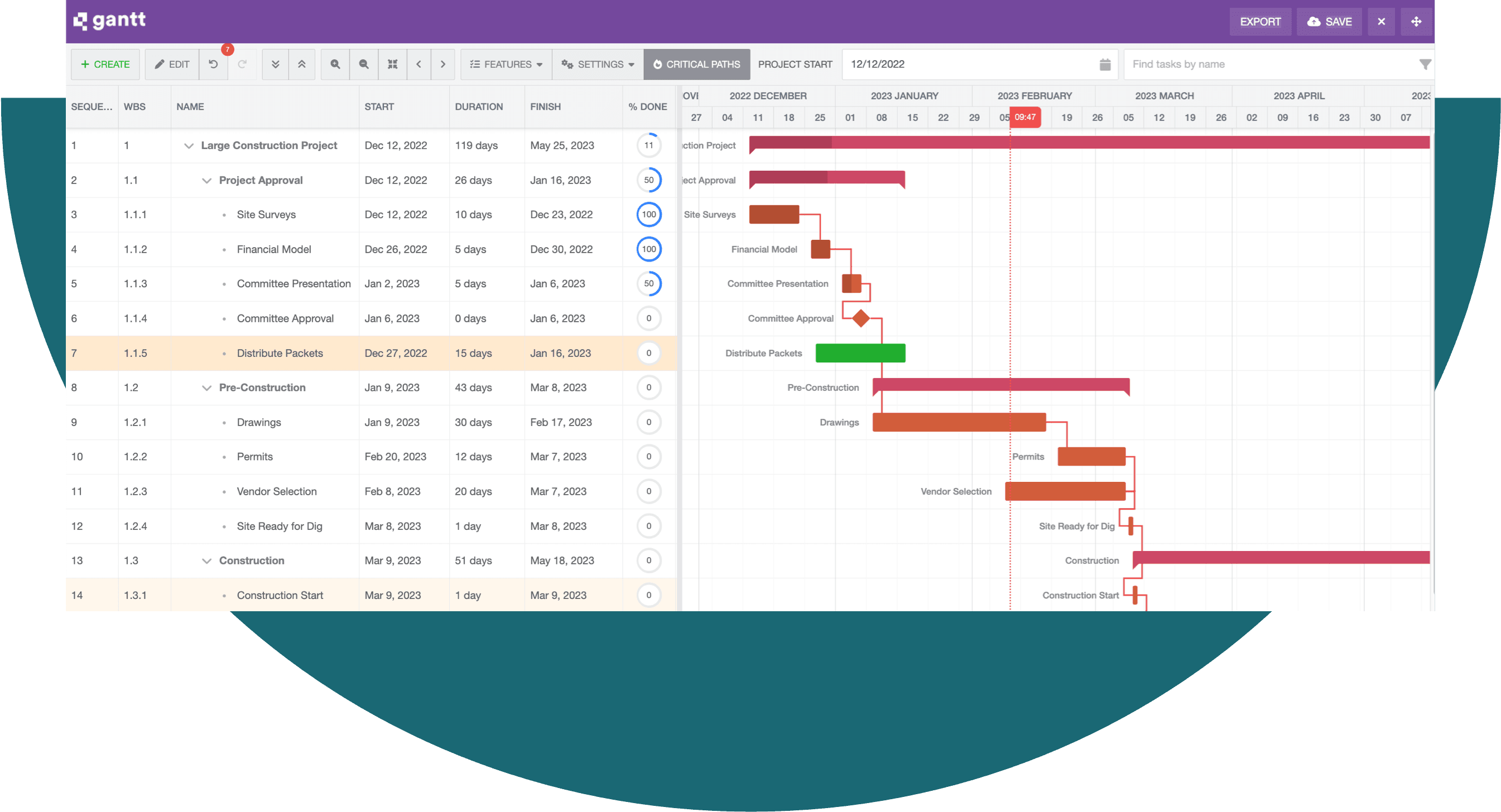 Quickbase Gantt chart showing tasks, dependencies, and progress for an active project.